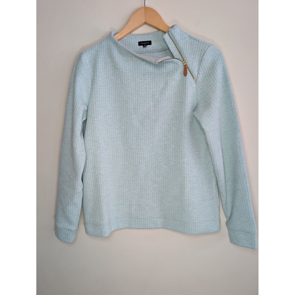 Talbots Womens XS‎ Mint Green Waffle Knit Asymmetrical Quarter Zip Pullover Top